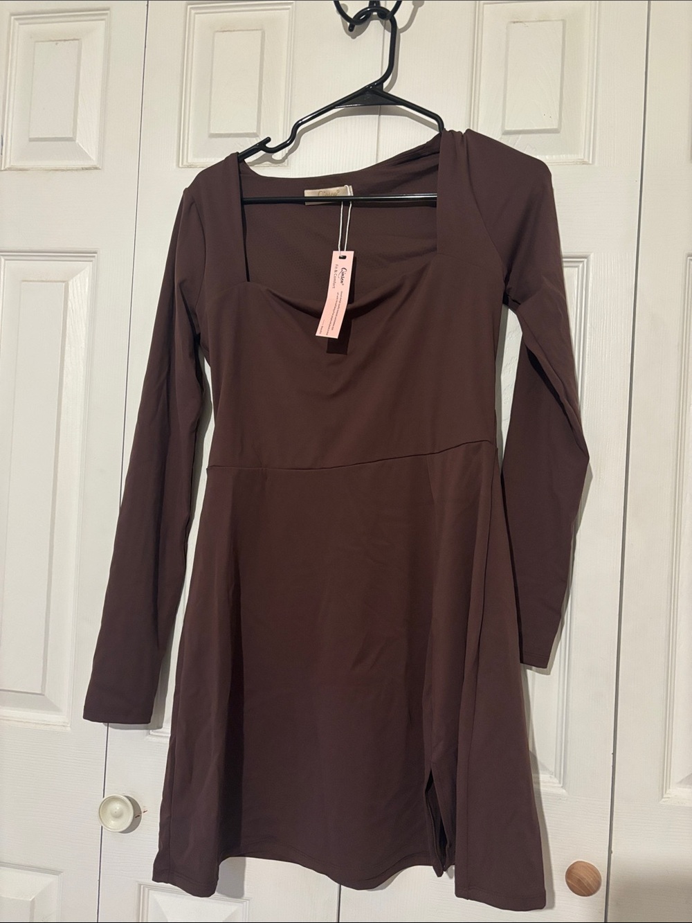 Brown Long Sleeve Square Neck A-Line Dress